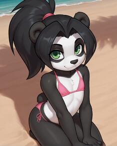 1girl animal_ears artist:Spazzle beach bikini black_fur black_hair character:Li_Li_Stormstout flat_chest furry furry_female green_eyes looking_at_viewer outdoors panda_ears pink_bikini ponytail side-tie_bikini_bottom smile solo swimsuit tail // 800x1000 // 75KB