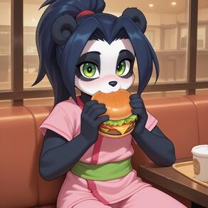 1girl animal_ears artist:Spazzle black_hair blush body_fur burger character:Li_Li_Stormstout cup disposable_cup eating food furry furry_female green_eyes holding holding_food indoors looking_at_viewer panda_ears ponytail sitting solo // 1024x1024 // 119KB