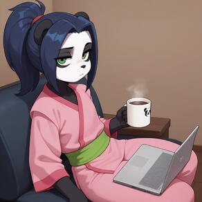 1girl animal_ears artist:Spazzle blue_hair character:Li_Li_Stormstout coffee_mug computer cup furry green_eyes holding holding_cup laptop looking_at_viewer mug panda_ears ponytail sitting solo // 1024x1024 // 88KB