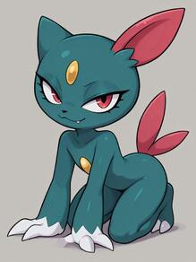 1girl :3 all_fours animal_ears animal_feet animal_hands animal_nose artist:Spazzle body_fur claws closed_mouth collarbone fang fang_out flat_chest forehead_jewel full_body furry furry_female grey_background happy looking_at_viewer pokemon_(creature) red_eyes simple_background smile solo species:sneasel tail two-tone_fur yellow_gemstone // 768x1024 // 65KB