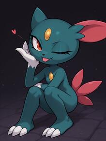 1girl :3 animal_ears animal_feet animal_hands animal_nose artist:Spazzle body_fur claws fang forehead_jewel full_body furry furry_female hand_up happy heart knees_together_feet_apart looking_at_viewer one_eye_closed pokemon_(creature) red_eyes simple_background sitting smile solo species:sneasel tail tongue tongue_out yellow_gemstone // 768x1024 // 59KB