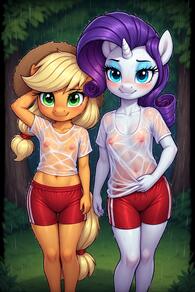 2girls artist:furryfunparty blonde_hair blue_eyes blush breasts character:applejack character:Rarity collarbone colored_skin flat_chest freckles furry furry_female green_eyes hat holding_hands horns long_hair looking_at_viewer low-tied_long_hair multiple_girls my_little_pony navel nipples no_bra outdoors purple_hair rain red_shorts see-through shirt shorts single_horn small_breasts smile standing wet wet_clothes wet_shirt yuri // 512x768 // 159KB