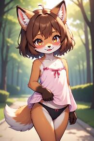 1girl ahoge animal_ear_fluff animal_ears artist:furryfunparty black_panties blush body_fur bow_panties brown_eyes brown_fur brown_hair camisole female fox fox_ears fox_girl fox_tail furry furry_female lifted_by_self looking_at_viewer open_mouth orange_fur outdoors panties short_hair smile solo tail tree underwear // 512x768 // 124KB