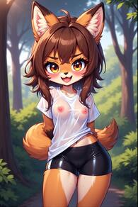 1girl ahoge animal_ear_fluff animal_ears arms_behind_back artist:furryfunparty bike_shorts black_shorts breasts brown_eyes brown_hair female fox furry furry_female looking_at_viewer nipples open_mouth outdoors see-through shirt shorts small_breasts smile solo tail wet wet_clothes wet_shirt white_shirt // 512x768 // 143KB