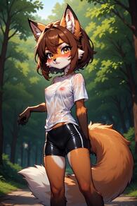 1girl animal_ear_fluff animal_ears artist:furryfunparty bike_shorts blush breasts brown_hair female fox fox_ears fox_girl fox_tail furry furry_female looking_at_viewer nipples outdoors see-through shirt short_hair shorts small_breasts solo tail tree wet wet_clothes wet_shirt white_shirt // 512x768 // 142KB