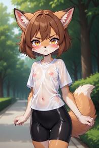 1girl animal_ear_fluff animal_ears artist:furryfunparty bike_shorts blush breasts brown_hair cowboy_shot female fox fox_ears fox_tail furry furry_female loli looking_at_viewer navel nipples outdoors see-through shirt short_hair short_sleeves shorts small_breasts solo tail tree wet wet_clothes wet_shirt white_shirt // 512x768 // 126KB