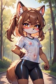 1girl animal_ear_fluff animal_ears artist:furryfunparty bike_shorts black_shorts blush breasts brown_eyes brown_hair female fox fox_ears furry furry_female hand_on_own_hip loli looking_at_viewer navel nipples outdoors see-through shirt shorts small_breasts solo tail wet wet_clothes wet_shirt white_shirt // 512x768 // 145KB