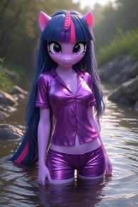 1girl animal_ears artist:furryfunparty blue_hair blunt_bangs blurry blurry_background breasts colored_skin eyelashes female furry furry_female horns long_hair looking_at_viewer medium_breasts multicolored_hair my_little_pony outdoors pink_hair pink_skin purple_eyes purple_shirt purple_shorts river shirt short_shorts short_sleeves shorts single_horn smile solo standing streaked_hair very_long_hair wading water wet wet_clothes // 512x768 // 135KB