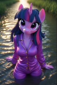 1girl artist:furryfunparty blue_hair breasts colored_skin female furry furry_female horns long_hair looking_at_viewer medium_breasts multicolored_hair my_little_pony pajamas partially_submerged pink_hair purple_eyes single_horn smile solo streaked_hair wading water wet // 512x768 // 137KB