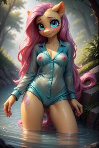 1girl animal_ears artist:furryfunparty ass_visible_through_thighs blue_eyes blurry blurry_background blush breasts closed_mouth collarbone covered_nipples day female furry furry_female leg_tattoo long_hair long_sleeves looking_at_viewer medium_breasts my_little_pony nature nipples no_bra outdoors pink_hair see-through shirt smile solo standing tattoo tree very_long_hair wading water wet wet_clothes // 512x768 // 133KB