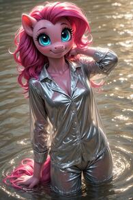 1girl animal_ears artist:furryfunparty blue_eyes breasts cleavage eyelashes female furry furry_female horse_ears horse_girl horse_tail long_hair looking_at_viewer my_little_pony pants personification pink_hair see-through shirt smile solo tail wading water wet wet_clothes // 512x768 // 176KB