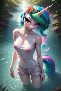 1girl animal_ears artist:furryfunparty bare_shoulders bloomers blush breasts closed_mouth collarbone covered_nipples day eyelashes female horns horse_ears horse_girl horse_tail long_hair looking_at_viewer medium_breasts multicolored_hair my_little_pony nipples outdoors pink_hair purple_eyes ripples river see-through shorts single_horn smile solo standing tail wading water wet wet_clothes white_bloomers // 512x768 // 128KB