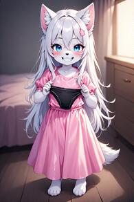 1girl animal_ear_fluff animal_ears artist:furryfunparty barefoot bed blue_eyes blush character:yuki child dress female full_body furry furry_female grin holding holding_clothes holding_panties indoors loli long_hair looking_at_viewer panties petite pink_dress short_sleeves smile solo swimsuit tail white_hair young // 512x768 // 124KB