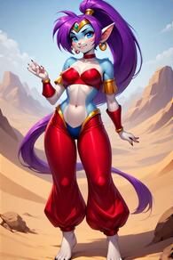 1girl artist:furryfunparty barefoot blue_eyes breasts character:Shantae choker earrings female full_body harem_pants hoop_earrings jewelry long_hair medium_breasts navel pants pointy_ears ponytail purple_hair smile solo very_long_hair // 512x768 // 120KB