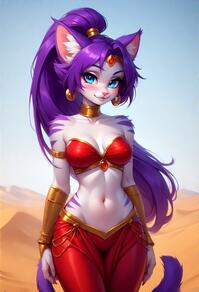 1girl animal_ears armlet artist:furryfunparty bare_shoulders blue_eyes blush bracer breasts cat_ears cat_tail character:Shantae cleavage desert earrings female forehead_jewel furry_female hoop_earrings jewelry long_hair looking_at_viewer medium_breasts navel pants ponytail purple_hair red_pants smile solo tail very_long_hair // 512x752 // 101KB