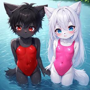 1boy 1girl ahoge animal_ears artist:furryfunparty black_hair blue_eyes blush breasts character:ash character:yuki competition_swimsuit covered_navel femboy furry furry_female highleg_swimsuit long_hair looking_at_viewer one-piece_swimsuit pink_one-piece_swimsuit red_eyes short_hair small_breasts smile swimsuit tail wading water wet white_hair // 768x768 // 196KB