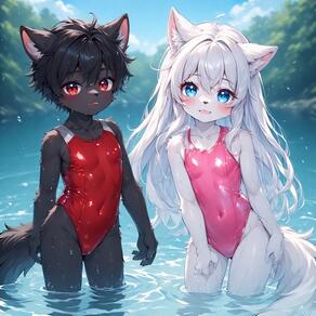 1boy 1girl animal_ear_fluff animal_ears artist:furryfunparty black_hair blue_eyes breasts character:ash character:yuki competition_swimsuit covered_navel femboy furry furry_female long_hair looking_at_viewer one-piece_swimsuit outdoors pink_one-piece_swimsuit red_eyes short_hair small_breasts swimsuit tail wading water wet white_hair // 768x768 // 214KB