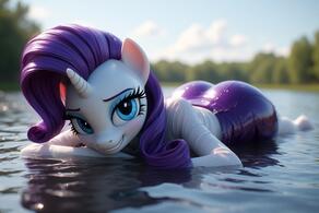 1girl artist:furryfunparty ass blue_eyes breasts character:Rarity colored_skin horns long_hair looking_at_viewer my_little_pony nipples outdoors partially_submerged purple_hair single_horn smile solo water wet wet_clothes // 768x512 // 103KB