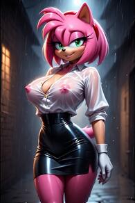 1girl animal_ears artist:furryfunparty artist_name black_skirt breasts cleavage covered_nipples furry furry_female gloves green_eyes hairband large_breasts looking_at_viewer night nipples no_bra outdoors pencil_skirt rain red_hairband see-through shirt short_hair skirt smile solo tail wet wet_clothes wet_shirt white_gloves white_shirt // 512x768 // 114KB