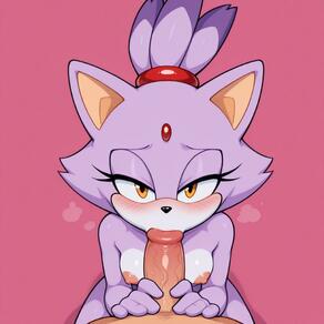 1boy 1girl animal_ears artist:Spazzle blush breasts cat_ears cat_girl character:Blaze_the_Cat completely_nude erection fellatio forehead_jewel furry furry_female hetero interspecies looking_at_viewer nipples nude oral penis pink_background pov purple_fur simple_background solo_focus topknot uncensored yellow_eyes // 1024x1024 // 81KB