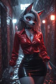 1girl animal_ears artist:furryfunparty black_skirt blurry blurry_background breasts character:loona_helluva_boss cleavage furry furry_female grey_fur jewelry long_hair necklace outdoors rain red_eyes red_shirt shirt skirt smile snout solo wet wet_clothes // 512x768 // 131KB