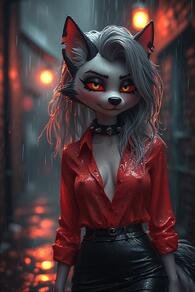 1girl animal_ears artist:furryfunparty black_skirt blurry blurry_background breasts character:loona_helluva_boss closed_mouth collar colored_sclera furry furry_female grey_fur grey_hair long_hair looking_at_viewer outdoors piercing rain red_shirt shirt shirt_tucked_in skirt smile solo spiked_collar spikes tail wet wet_clothes wet_hair wolf_ears wolf_girl // 512x768 // 129KB