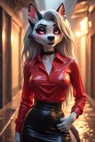 1girl animal_ears artist:furryfunparty black_skirt blurry blurry_background breasts character:loona_helluva_boss choker furry furry_female grey_fur grey_hair long_hair looking_at_viewer outdoors rain red_shirt shirt skirt snout solo tail wet wet_clothes wolf_ears // 512x768 // 150KB