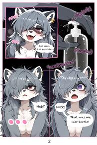 anthro artist:lead_acid black_body black_fur breasts character:maple_(lead_acid) comic ear_piercing female fur grey_body grey_fur grey_hair hair hi_res inner_ear_fluff lube lube_bottle mammal messy_hair open_mouth orgasm orgasm_face piercing procyonid purple_eyes Raccoon solo teeth teeth_showing tuft whiskers white_body white_fur // 1024x1536 // 147KB