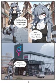 3_toes anthro artist:lead_acid black_body black_clothing black_fur blush character:maple_(lead_acid) city city_background clothed clothing comic ear_piercing english_text feet female fingers fluffy fur grey_body grey_fur hair hi_res mammal messy_hair multicolored_body multicolored_fur piercing procyonid purple_eyes Raccoon solo standing tail text toes walking_towards_viewer whiskers white_body white_fur // 1024x1536 // 141KB