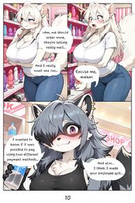 5_fingers anthro artist:lead_acid big_breasts black_body black_fur blue_eyes blush breasts character:maple_(lead_acid) charactersofia_(lead_acid) clothed clothing comic dildo domestic_ferret ear_piercing english_text female fingers front_view fur grey_body grey_fur hair hi_res long_hair mammal messy_hair multicolored_body multicolored_fur mustela mustelid musteline neck_tuft piercing procyonid purple_eyes Raccoon sex_toy standing teeth teeth_showing text thinking_pose true_musteline tuft whiskers white_body white_fur white_hair // 1024x1536 // 173KB