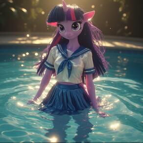 1girl artist:furryfunparty blue_skirt character:twilight_sparke(mlpfim) colored_skin furry furry_female horns long_hair multicolored_hair my_little_pony partially_submerged pleated_skirt purple_eyes school_uniform serafuku single_horn skirt smile solo water wet wet_clothes // 768x768 // 191KB