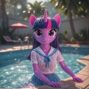 1girl artist:furryfunparty blue_skirt blurry character:twilight_sparke(mlpfim) colored_skin furry furry_female horns long_hair looking_at_viewer multicolored_hair my_little_pony outdoors pool purple_eyes purple_skin school_uniform single_horn skirt smile solo water wet wet_clothes // 768x768 // 185KB