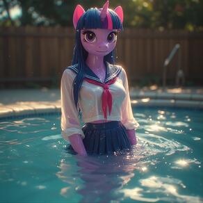 1girl animal_ears artist:furryfunparty blue_hair blurry breasts character:twilight_sparke(mlpfim) furry furry_female horns long_hair looking_at_viewer multicolored_hair my_little_pony neckerchief outdoors pleated_skirt pool purple_eyes sailor_collar school_uniform see-through serafuku shirt single_horn skirt smile solo streaked_hair water wet wet_clothes // 768x768 // 168KB