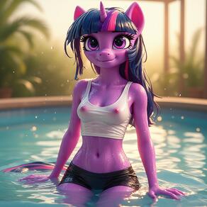 1girl animal_ears artist:furryfunparty black_shorts blue_hair blunt_bangs blurry blurry_background breasts character:twilight_sparke(mlpfim) collarbone colored_skin crop_top furry furry_female horns long_hair looking_at_viewer multicolored_hair my_little_pony navel nipples partially_submerged pool purple_eyes see-through shirt short_shorts shorts single_horn sitting small_breasts smile solo streaked_hair tail tank_top water wet wet_clothes wet_shirt // 768x768 // 188KB