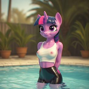 1girl arms_behind_back artist:furryfunparty blue_hair blurry breasts character:twilight_sparke(mlpfim) colored_skin furry furry_female horns medium_breasts multicolored_hair my_little_pony nipples partially_submerged pink_hair plant pool purple_eyes see-through single_horn smile solo wading water wet wet_clothes // 768x768 // 145KB