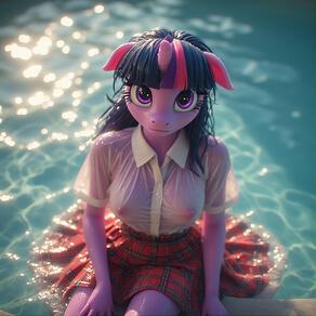 1girl animal_ears artist:furryfunparty breasts character:twilight_sparke(mlpfim) collared_shirt colored_skin furry furry_female horns long_hair looking_at_viewer medium_breasts multicolored_hair my_little_pony nipples no_bra partially_submerged pink_skin plaid plaid_skirt pool purple_eyes red_skirt see-through see-through_shirt shirt short_sleeves single_horn sitting skirt smile solo streaked_hair water wet wet_clothes wet_shirt // 768x768 // 173KB