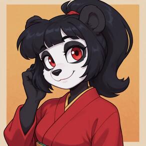 1girl animal_ears animal_nose artist:Spazzle black_hair border character:scarlett furry furry_female japanese_clothes kimono looking_at_viewer outside_border ponytail red_eyes red_kimono smile solo upper_body // 1024x1024 // 41KB