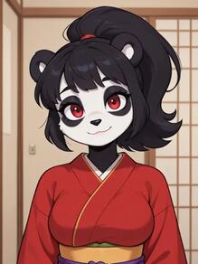 1girl animal_ears animal_nose artist:Spazzle black_hair breasts character:scarlett furry furry_female japanese_clothes kimono looking_at_viewer ponytail red_eyes sash smile solo upper_body // 768x1024 // 35KB