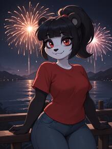 1girl animal_ears artist:Spazzle black_hair breasts character:scarlett denim fireworks furry furry_female jeans looking_at_viewer night night_sky outdoors pants ponytail red_eyes red_shirt shirt short_sleeves sky smile solo // 768x1024 // 89KB