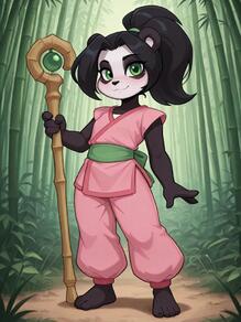 1girl animal_ears artist:Spazzle bamboo bamboo_forest barefoot bear_girl black_hair blush character:Li_Li_Stormstout closed_mouth forest full_body furry furry_female green_eyes holding holding_staff looking_at_viewer nature outdoors panda_ears pants ponytail sash short_sleeves smile solo staff standing // 768x1024 // 64KB