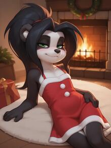 1girl animal_ears artist:Spazzle black_fur black_hair body_fur character:Li_Li_Stormstout christmas collarbone dress fireplace furry furry_female gift gift_box green_eyes half-closed_eyes hand_on_own_hip indoors long_hair looking_at_viewer ponytail red_dress smile solo white_fur // 768x1024 // 33KB
