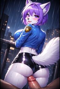 1boy 1girl animal_ears artist:furryfunparty ass breasts character:violet furry furry_female furry_with_non-furry hetero large_breasts looking_at_viewer looking_back open_mouth penis police police_uniform purple_eyes purple_hair short_hair shorts solo_focus tail uncensored uniform wolf // 512x768 // 131KB
