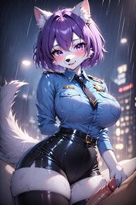 1boy 1girl animal_ears animal_nose artist:furryfunparty belt black_necktie black_thighhighs blue_shirt blush breasts character:violet collared_shirt furry furry_female hetero large_breasts looking_at_viewer necktie night penis police police_uniform purple_eyes purple_hair rain shirt short_hair shorts smile snout solo_focus tail thighhighs thighs uncensored wolf // 512x768 // 151KB