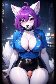 1boy 1girl animal_ears artist:furryfunparty belt blush breasts character:violet cleavage furry furry_female furry_with_non-furry hetero large_breasts looking_at_viewer penis police police_uniform purple_eyes purple_hair tail uncensored wolf // 512x768 // 125KB