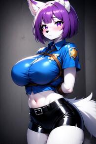 1girl animal_ears animal_nose arms_behind_back artist:furryfunparty bdsm belt black_shorts blue_shirt blush body_fur bondage bound breasts character:violet closed_mouth collared_shirt cowboy_shot crop_top furry furry_female large_breasts looking_at_viewer midriff navel police police_uniform policewoman purple_eyes purple_hair shirt short_hair short_sleeves shorts snout solo tail uniform white_fur wolf // 512x768 // 105KB