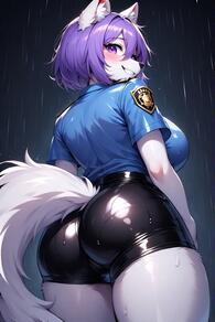 1girl animal_ears artist:furryfunparty ass blue_shirt blush breasts character:violet furry furry_female large_breasts looking_at_viewer looking_back police police_uniform purple_eyes purple_hair rain shirt short_hair smile solo tail uniform wet wolf // 512x768 // 115KB