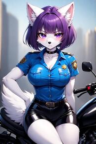 1girl animal_ears artist:furryfunparty belt blush body_fur breasts character:violet cleavage furry furry_female large_breasts looking_at_viewer motor_vehicle motorcycle police police_uniform policewoman purple_eyes purple_hair shirt short_hair shorts solo tail uniform white_fur wolf // 512x768 // 132KB