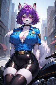 1girl ahoge animal_ears artist:furryfunparty belt black_choker black_thighhighs blue_shirt body_fur breast_pocket breasts character:violet choker cleavage closed_mouth collarbone furry furry_female large_breasts looking_at_viewer motor_vehicle outdoors police police_uniform policewoman purple_eyes purple_hair shirt shirt_tucked_in short_hair short_sleeves shorts solo tail thighhighs white_fur wolf // 512x768 // 139KB