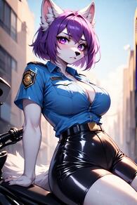 1girl animal_ear_fluff animal_ears animal_nose artist:furryfunparty belt blue_shirt body_fur breasts character:violet cleavage furry furry_female large_breasts looking_at_viewer motor_vehicle outdoors police police_uniform policewoman purple_eyes purple_hair shirt short_hair short_sleeves shorts snout solo tail uniform wolf // 512x768 // 138KB
