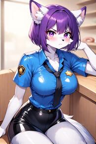 1girl animal_ears artist:furryfunparty blue_shirt blush breasts character:violet furry furry_female large_breasts looking_at_viewer necktie police police_uniform purple_eyes purple_hair shirt short_hair sitting solo tail uniform white_fur wolf // 512x768 // 134KB